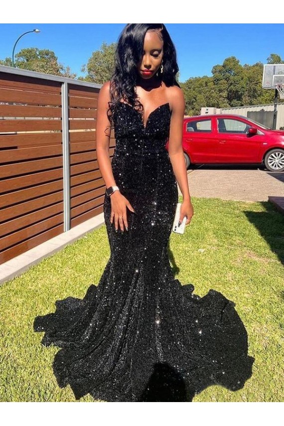 Black Mermaid Sweetheart Sleeveless Long Floor Length Velvet Sequin Prom Dress