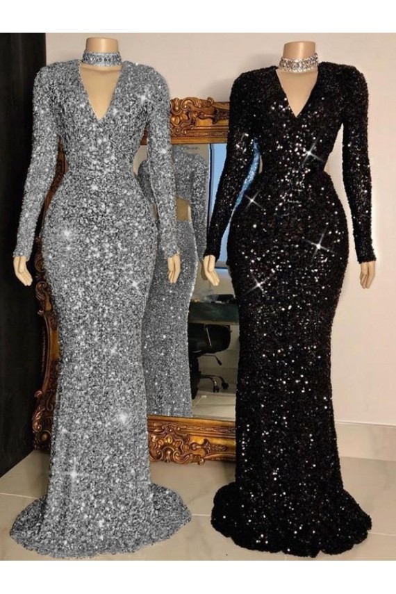 Black Sheath V-Neck Long Sleeves Long Sweep Train Velvet Sequin Prom Dress