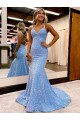 Periwinkle Sheath V-Neck Sleeveless Long Sweep Train Velvet Sequin Prom Dress