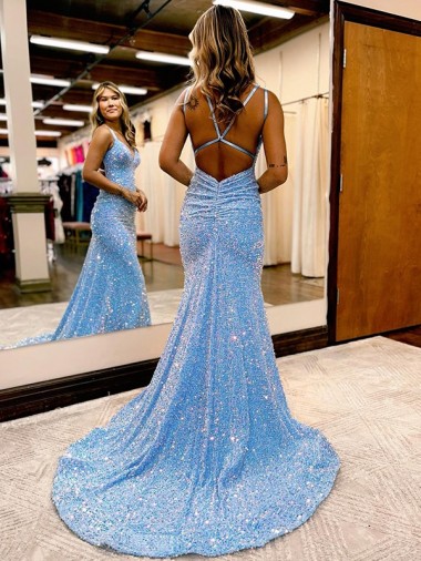 Periwinkle Sheath V-Neck Sleeveless Long Sweep Train Velvet Sequin Prom Dress
