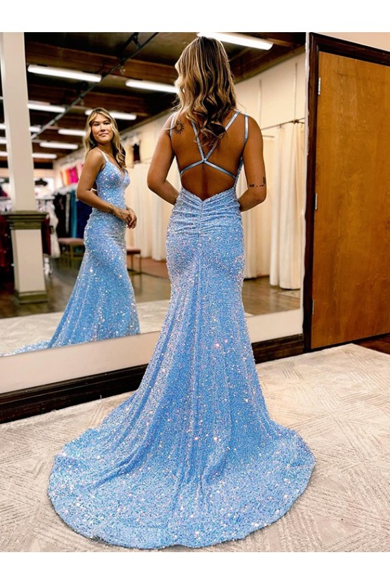Periwinkle Sheath V-Neck Sleeveless Long Sweep Train Velvet Sequin Prom Dress