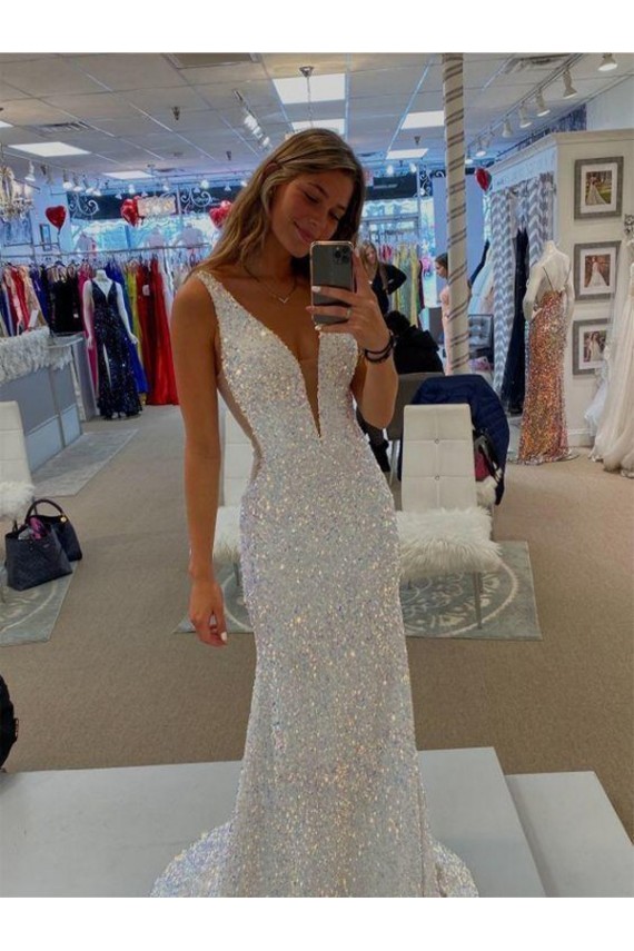 Sheath V-Neck Sleeveless Long Velvet Sequin Prom Dress with Sweep Train