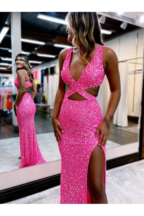 Sheath Long V-Neck Sleeveless Sweep Train Velvet Sequin Prom Dress