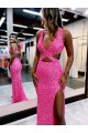 Sheath Long V-Neck Sleeveless Sweep Train Velvet Sequin Prom Dress