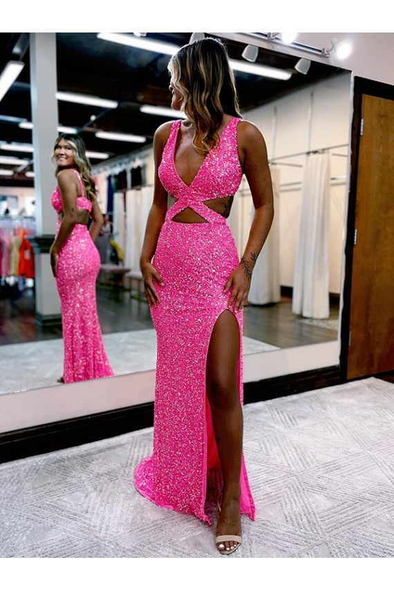 Sheath Long V-Neck Sleeveless Sweep Train Velvet Sequin Prom Dress