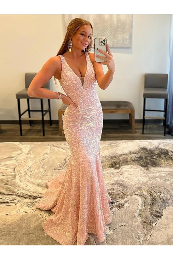 Sheath V-Neck Sleeveless Long Sweep Train Velvet Sequin Prom Dress