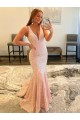 Sheath V-Neck Sleeveless Long Sweep Train Velvet Sequin Prom Dress