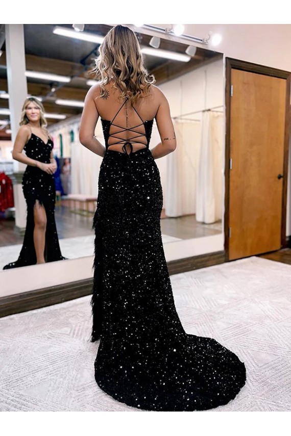 Royal Blue V-Neck Sleeveless Long Sweep Train Velvet Sequin Prom Dress