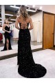 Royal Blue V-Neck Sleeveless Long Sweep Train Velvet Sequin Prom Dress