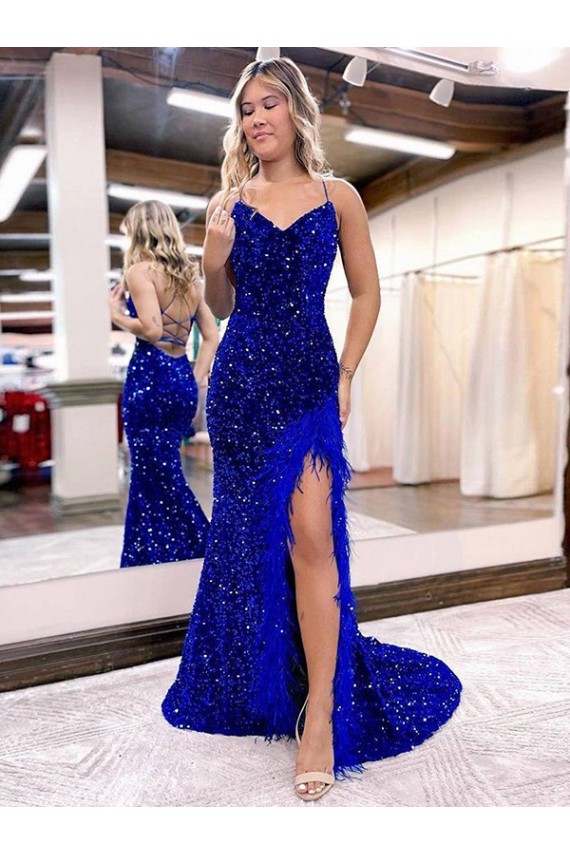 Royal Blue V-Neck Sleeveless Long Sweep Train Velvet Sequin Prom Dress
