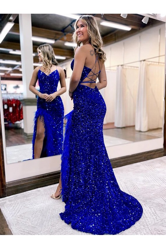 Royal Blue V-Neck Sleeveless Long Sweep Train Velvet Sequin Prom Dress