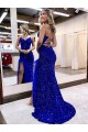 Royal Blue V-Neck Sleeveless Long Sweep Train Velvet Sequin Prom Dress