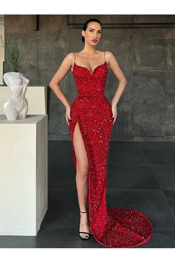 Red Sheath V-Neck Sleeveless Long Sweep Train Velvet Sequin Prom Dress