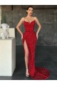 Red Sheath V-Neck Sleeveless Long Sweep Train Velvet Sequin Prom Dress
