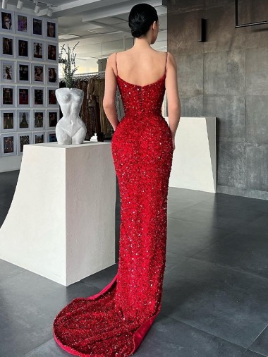 Red Sheath V-Neck Sleeveless Long Sweep Train Velvet Sequin Prom Dress