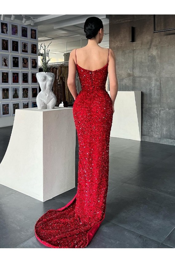Red Sheath V-Neck Sleeveless Long Sweep Train Velvet Sequin Prom Dress