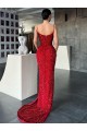 Red Sheath V-Neck Sleeveless Long Sweep Train Velvet Sequin Prom Dress