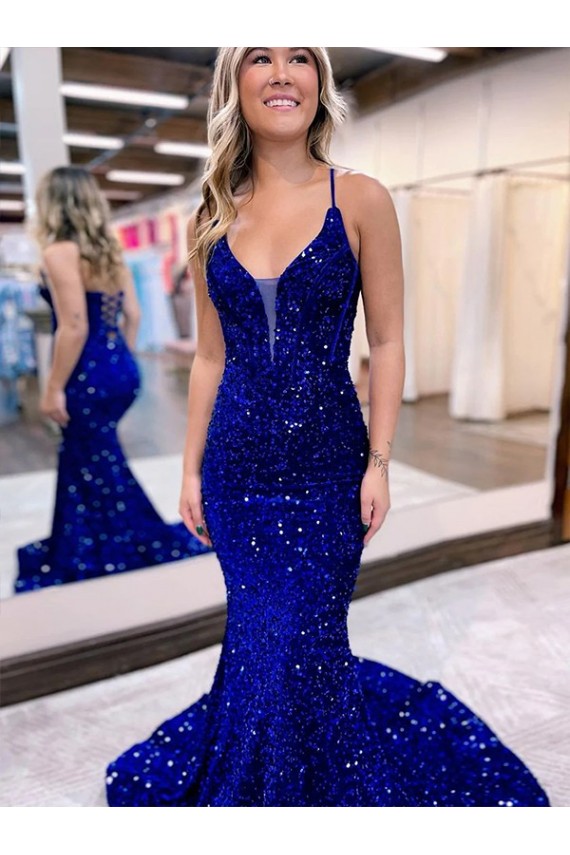 Royal Blue Mermaid V-Neck Sleeveless Long Court Train Velvet Sequin Prom Dress