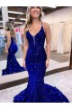 Royal Blue Mermaid V-Neck Sleeveless Long Court Train Velvet Sequin Prom Dress