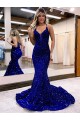 Royal Blue Mermaid V-Neck Sleeveless Long Court Train Velvet Sequin Prom Dress
