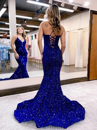 Royal Blue Mermaid V-Neck Sleeveless Long Court Train Velvet Sequin Prom Dress