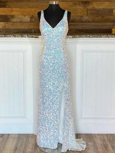 White Sheath V-Neck Sleeveless Long Sweep Train Velvet Sequin Prom Dress