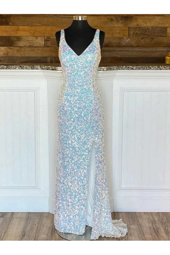 White Sheath V-Neck Sleeveless Long Sweep Train Velvet Sequin Prom Dress