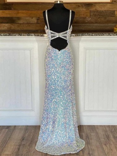 White Sheath V-Neck Sleeveless Long Sweep Train Velvet Sequin Prom Dress