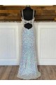 White Sheath V-Neck Sleeveless Long Sweep Train Velvet Sequin Prom Dress