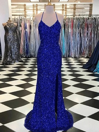 Royal Blue Sheath V-Neck Sleeveless Long Velvet Sequin Prom Dress