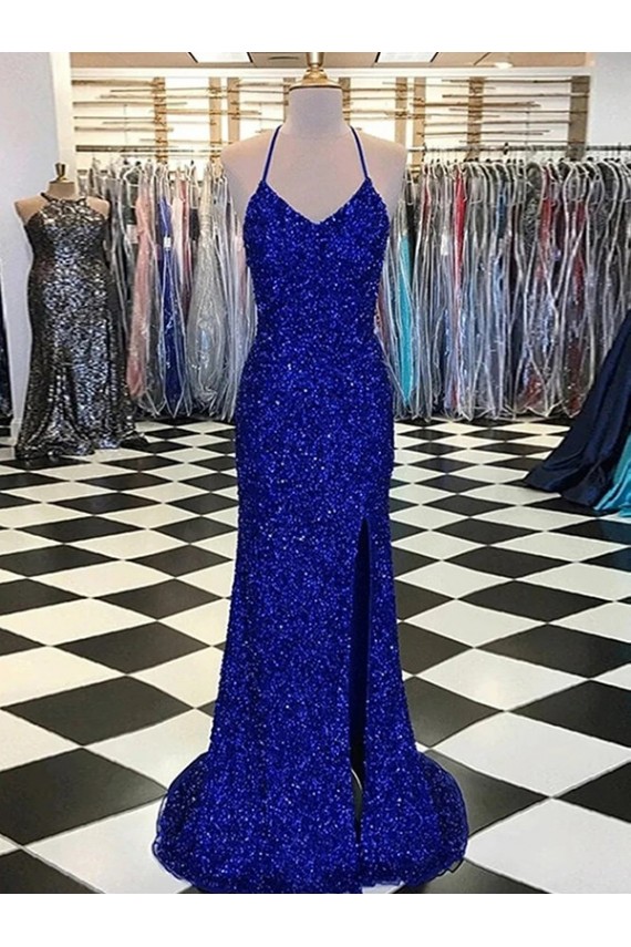 Royal Blue Sheath V-Neck Sleeveless Long Velvet Sequin Prom Dress