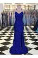 Royal Blue Sheath V-Neck Sleeveless Long Velvet Sequin Prom Dress