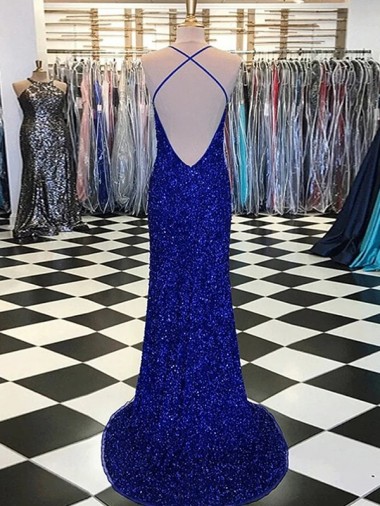 Royal Blue Sheath V-Neck Sleeveless Long Velvet Sequin Prom Dress