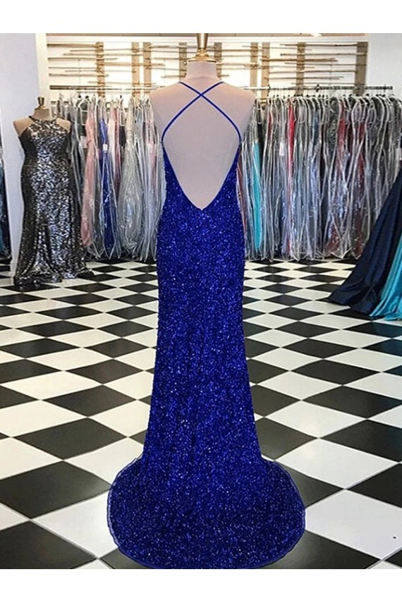 Royal Blue Sheath V-Neck Sleeveless Long Velvet Sequin Prom Dress