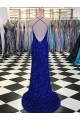 Royal Blue Sheath V-Neck Sleeveless Long Velvet Sequin Prom Dress