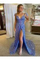 Blue A-Line V-Neck Sleeveless Long Court Train Velvet Sequin Prom Dress