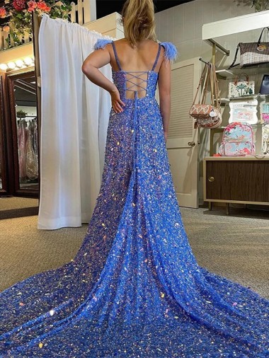 Blue A-Line V-Neck Sleeveless Long Court Train Velvet Sequin Prom Dress