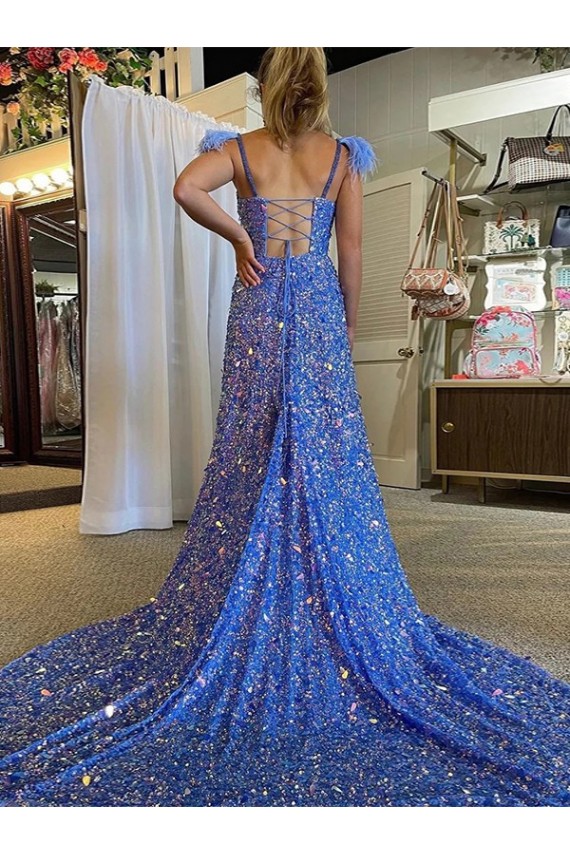 Blue A-Line V-Neck Sleeveless Long Court Train Velvet Sequin Prom Dress