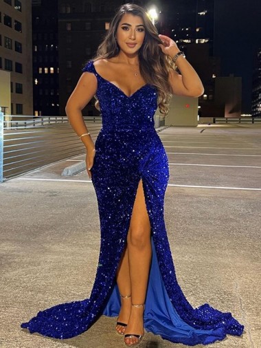 Royal Blue Sheath V-Neck Sleeveless Long Sweep Train Velvet Sequin Prom Dress