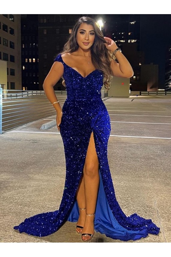 Royal Blue Sheath V-Neck Sleeveless Long Sweep Train Velvet Sequin Prom Dress