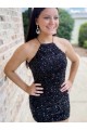 Black Sheath Halter Sleeveless Short Velvet Sequin Prom Dress
