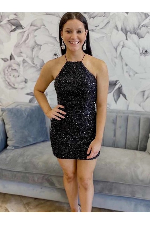 Black Sheath Halter Sleeveless Short Velvet Sequin Prom Dress