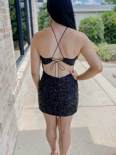 Black Sheath Halter Sleeveless Short Velvet Sequin Prom Dress
