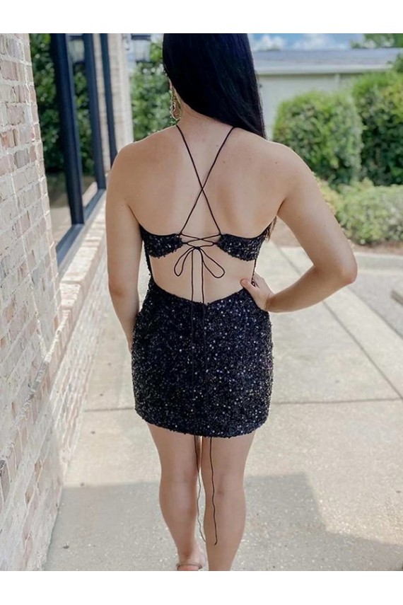 Black Sheath Halter Sleeveless Short Velvet Sequin Prom Dress