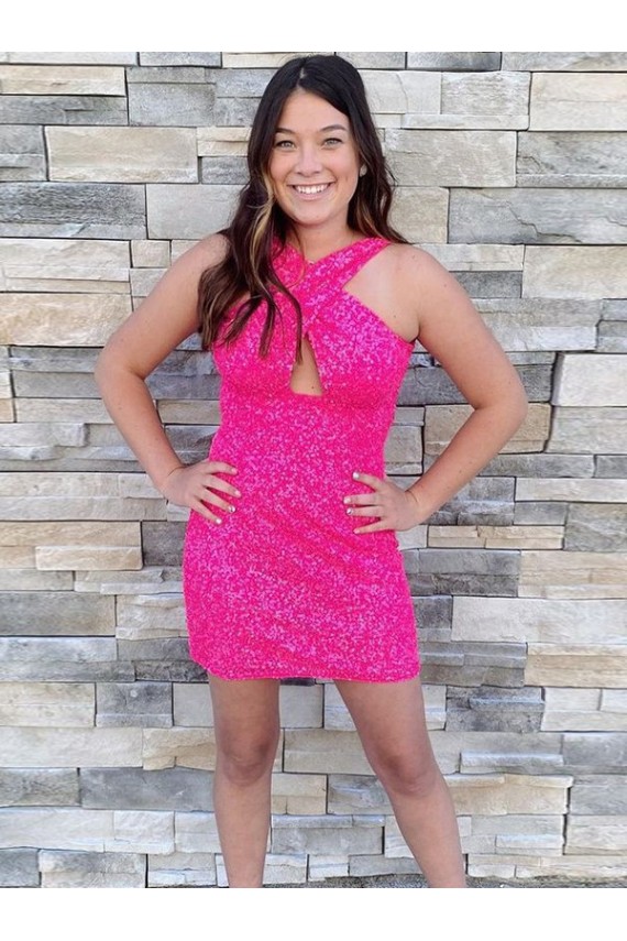 Fuchsia Sheath Halter Sleeveless Short Velvet Sequin Prom Dress