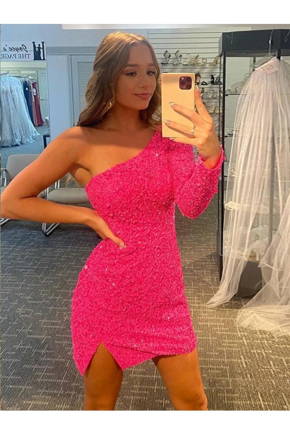 One Shoulder Long Sleeves Short Velvet Sequin Prom Dress