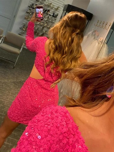 Sheath One Shoulder Long Sleeves Short Velvet Sequin Prom Dress