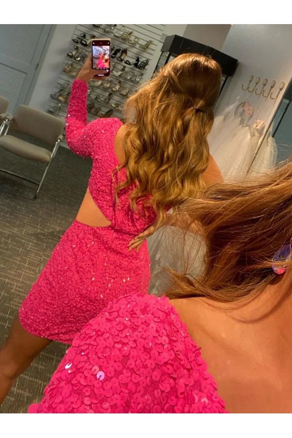 Sheath One Shoulder Long Sleeves Short Velvet Sequin Prom Dress