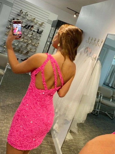One Shoulder Sheath Sleeveless Short Velvet Sequin Prom Dress