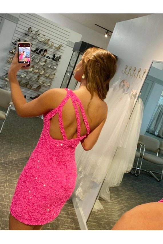 One Shoulder Sheath Sleeveless Short Velvet Sequin Prom Dress